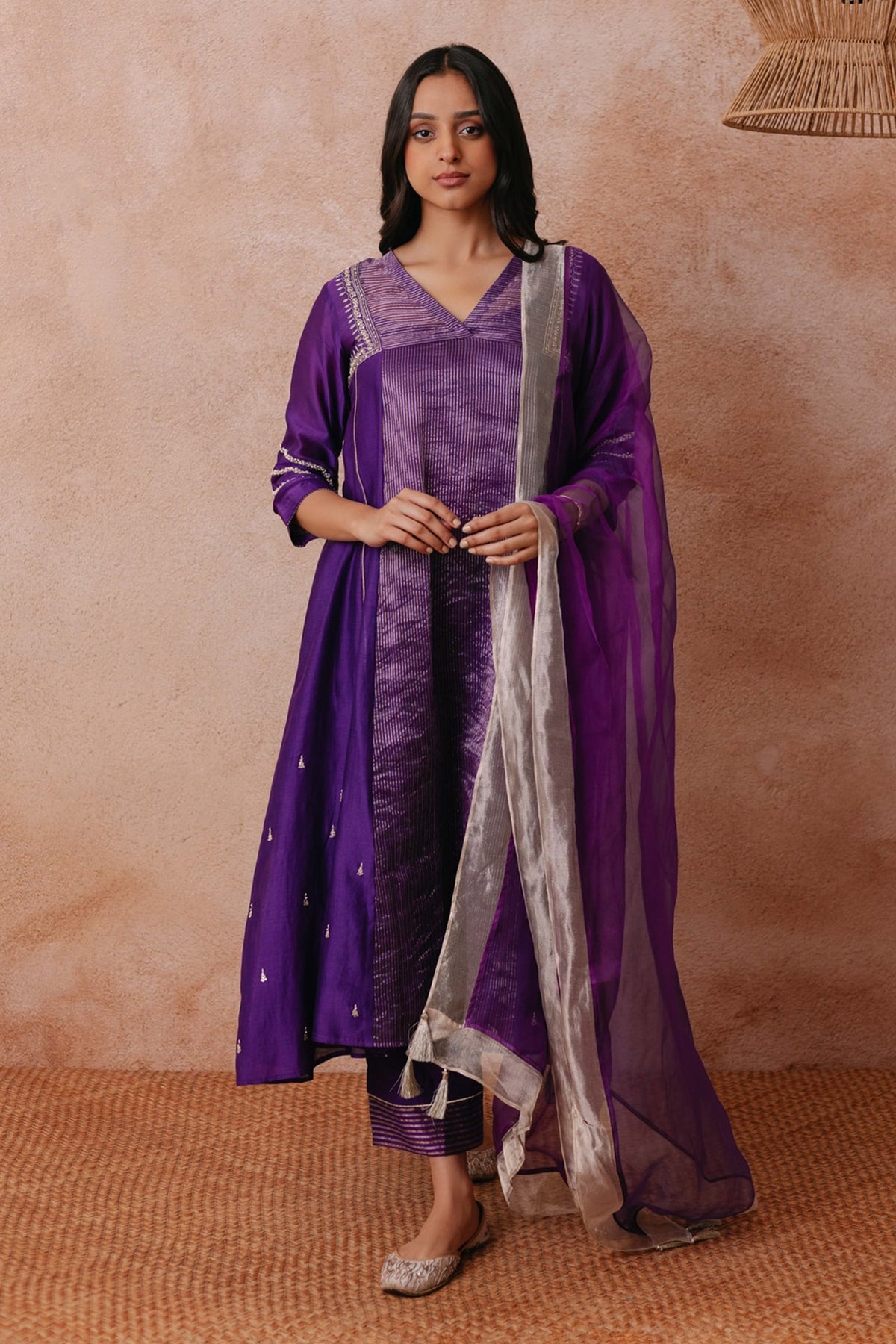 Purple Chanderi Woven Stripe V Neck Maryam A-line Kurta Set