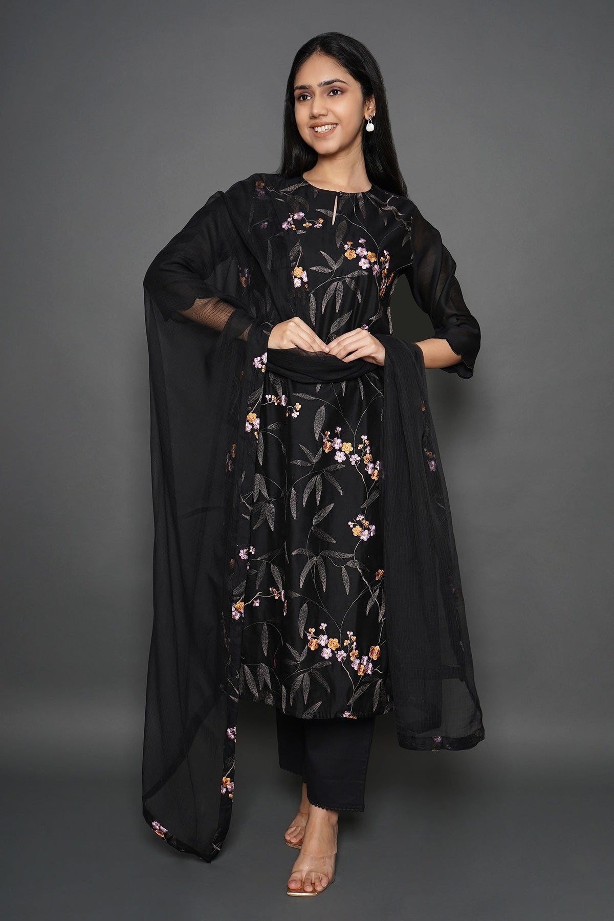 Black Kurta - Chanderi Printed Floral Round Olive Branch Pant Set