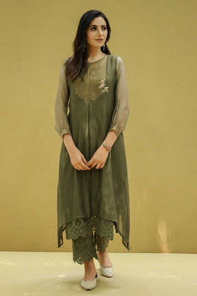 Green Cotton Schiffli Flower Lace Work Kurta Set