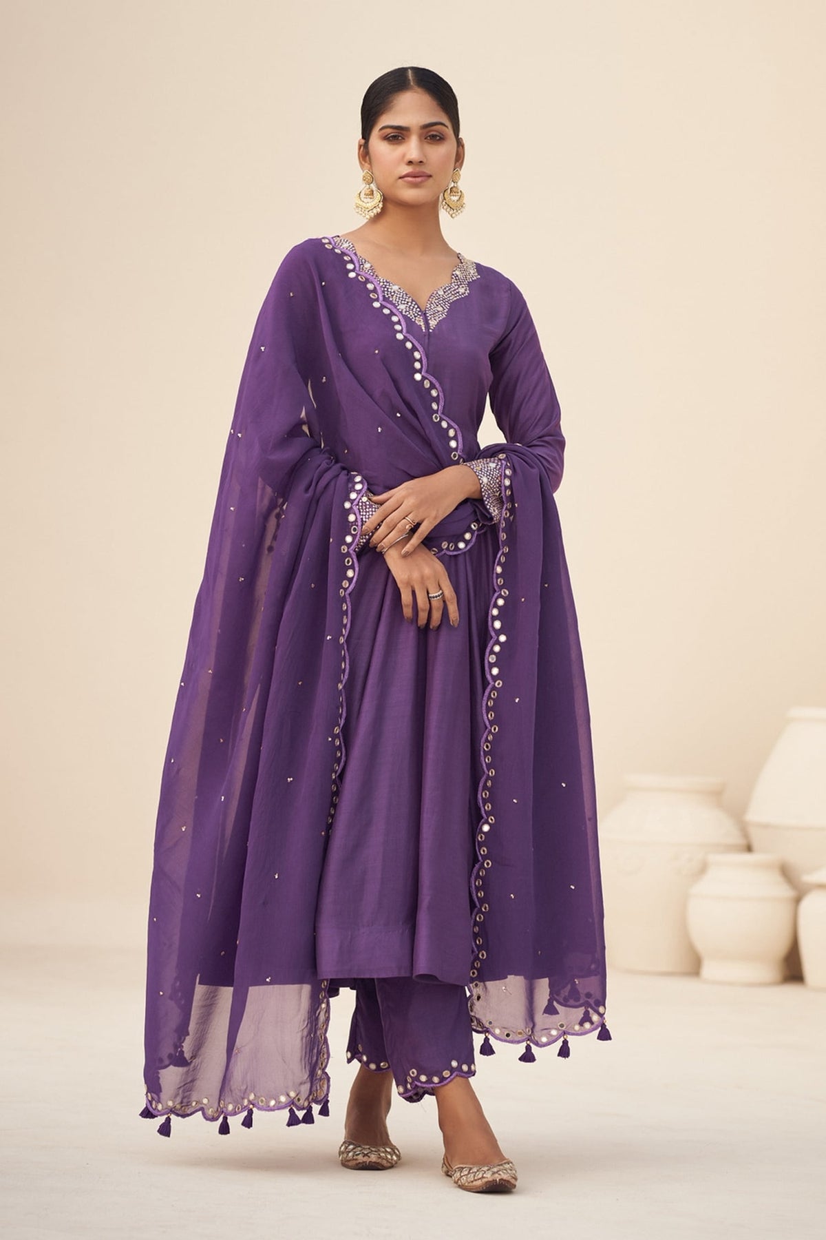 Purple Kurta And Pant Cotton Silk Embroidery Mirror Hand Anarkali Set