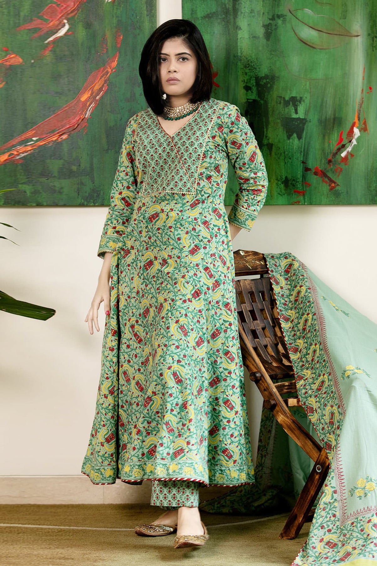 Green Cotton Cambric Dupatta Mulmul Hand Block Print Anarkali Set