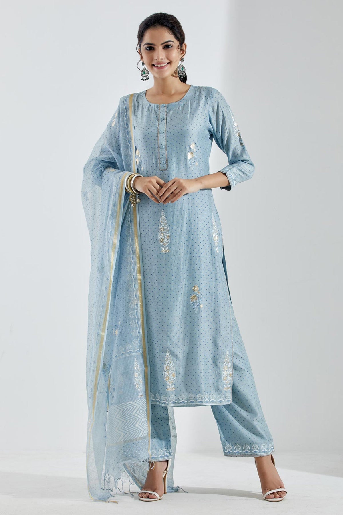 Blue Cotton Silk Dupatta Chanderi Embroidery U Neck Printed Straight Kurta Set