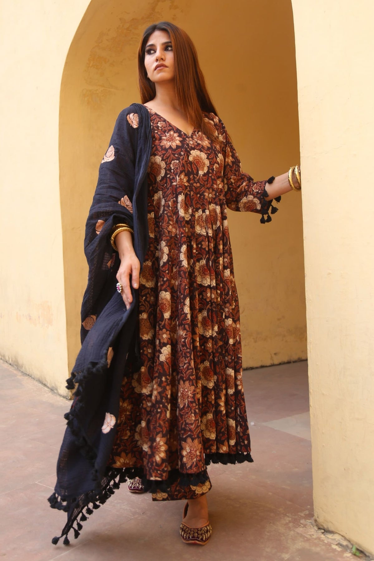 Black Cotton Printed Floral V Neck Anarkali Set