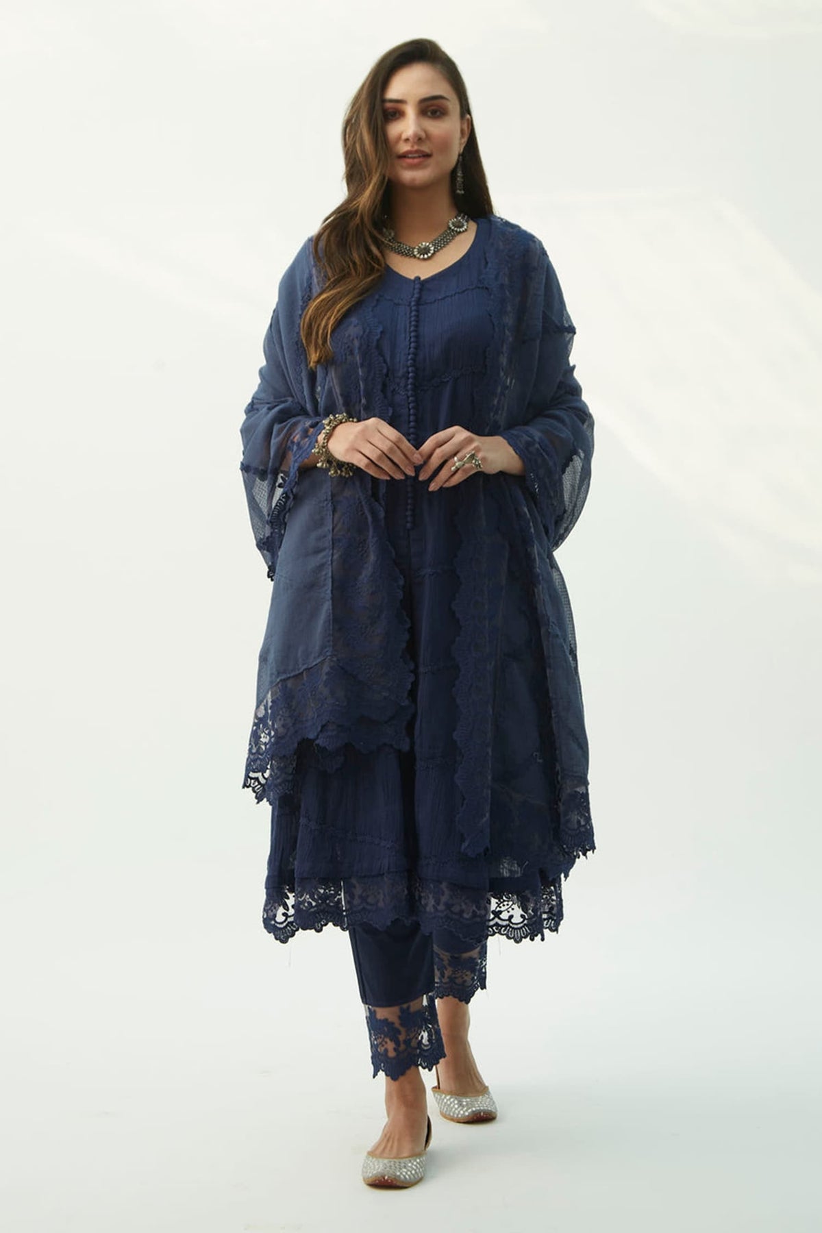 Blue Crinkle Cotton Embroidered Lace Work Round Mahjabeen Kurta Set