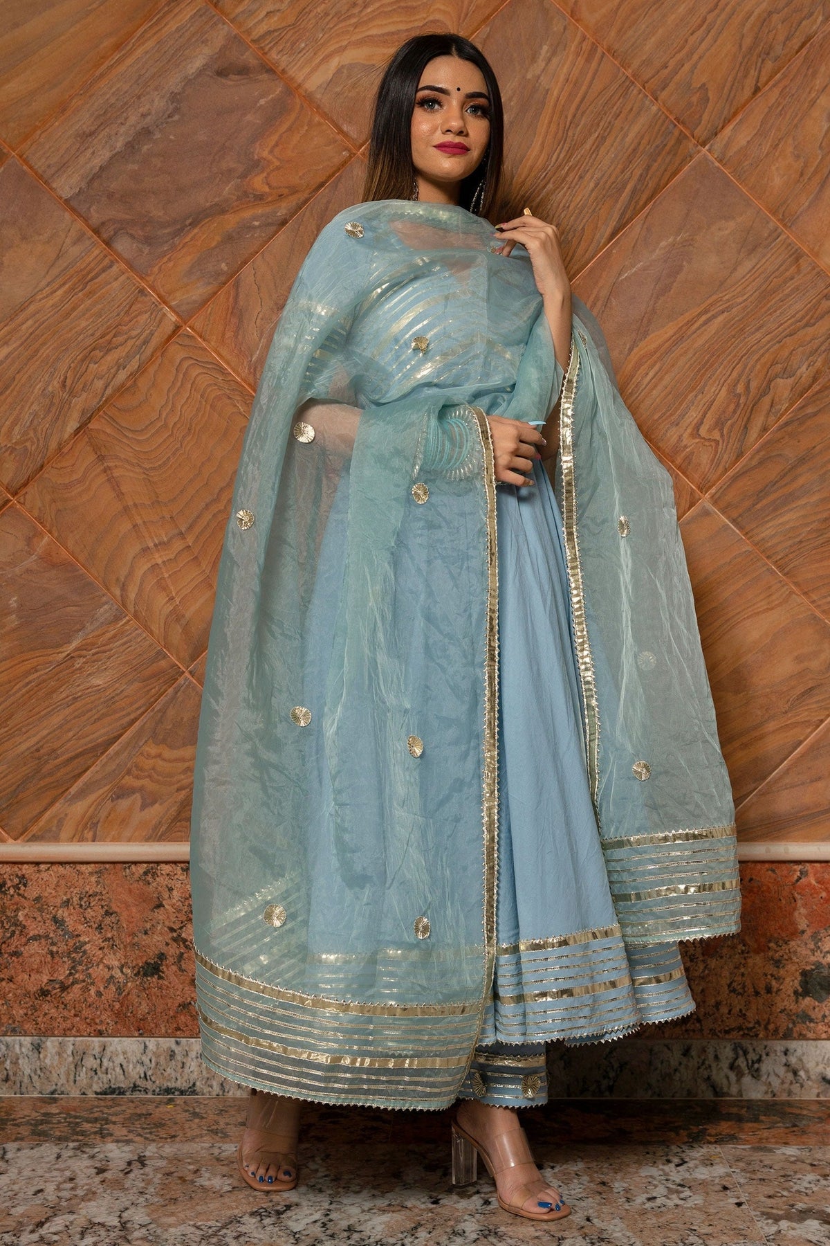 Blue Anarkali Embroidery Gota Notched Embellished Set