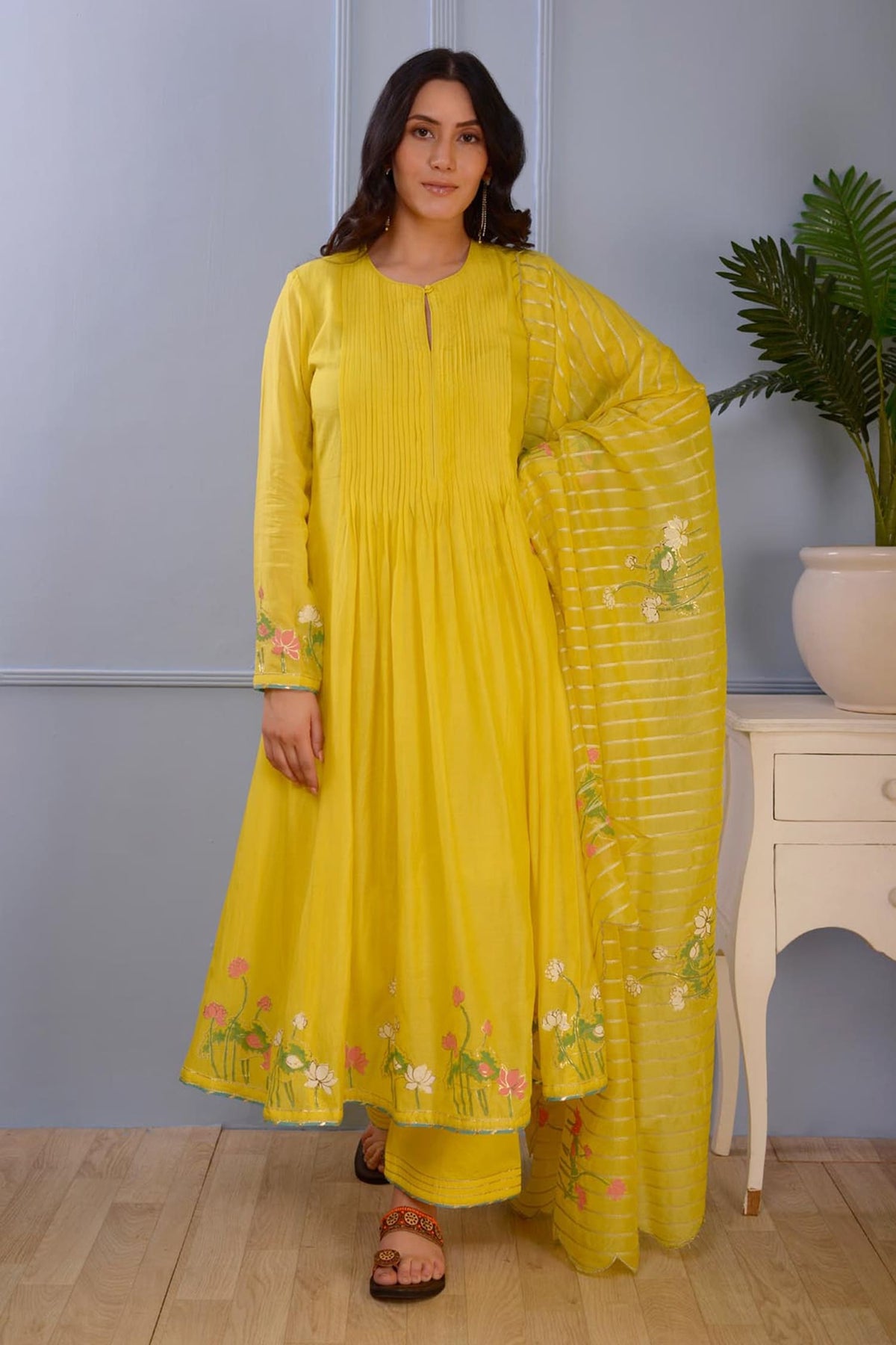 Yellow Anarkali- Silkpalazzo- Satindupatta- Set