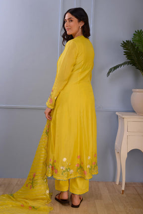 Yellow Anarkali- Silkpalazzo- Satindupatta- Set