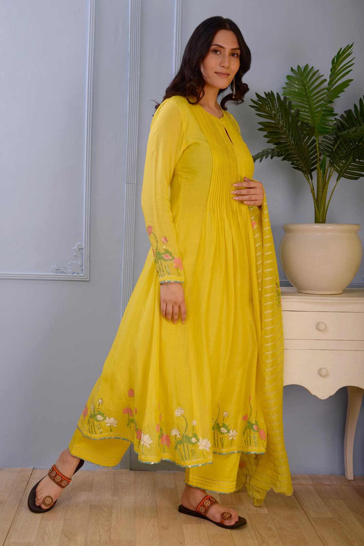 Yellow Anarkali- Silkpalazzo- Satindupatta- Set