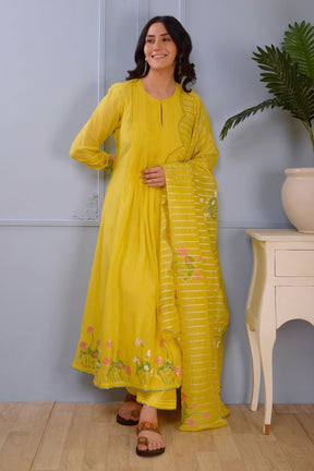 Yellow Anarkali- Silkpalazzo- Satindupatta- Set