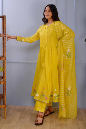 Yellow Anarkali- Silkpalazzo- Satindupatta- Set