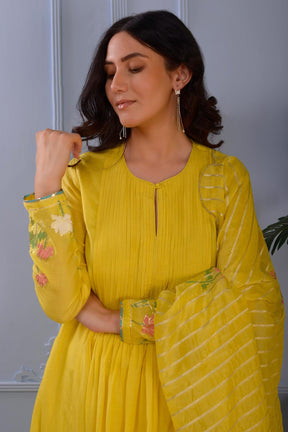 Yellow Anarkali- Silkpalazzo- Satindupatta- Set