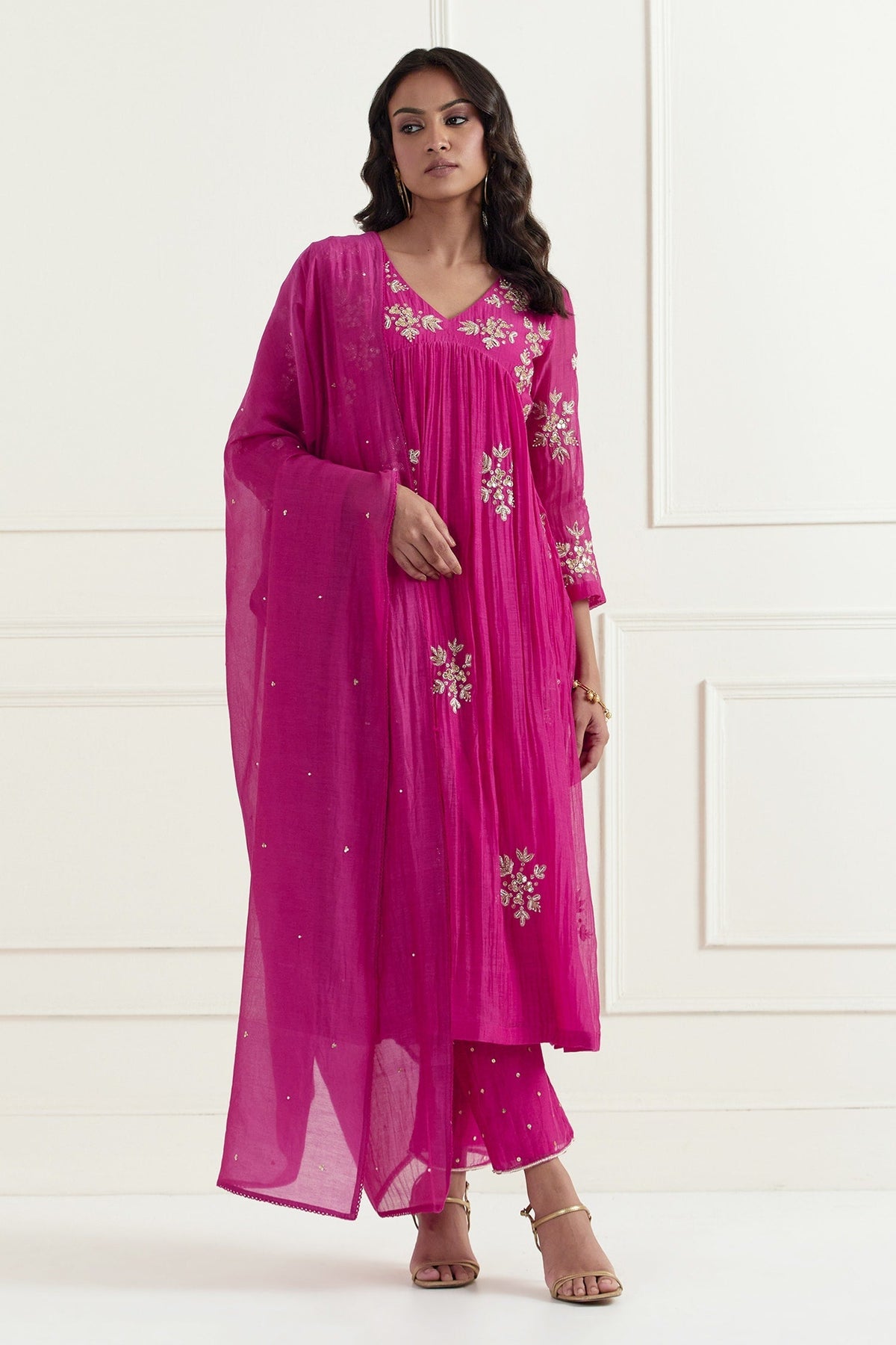 Magenta Chanderi Embroidery Sequin V Neck Floral Anarkali Set