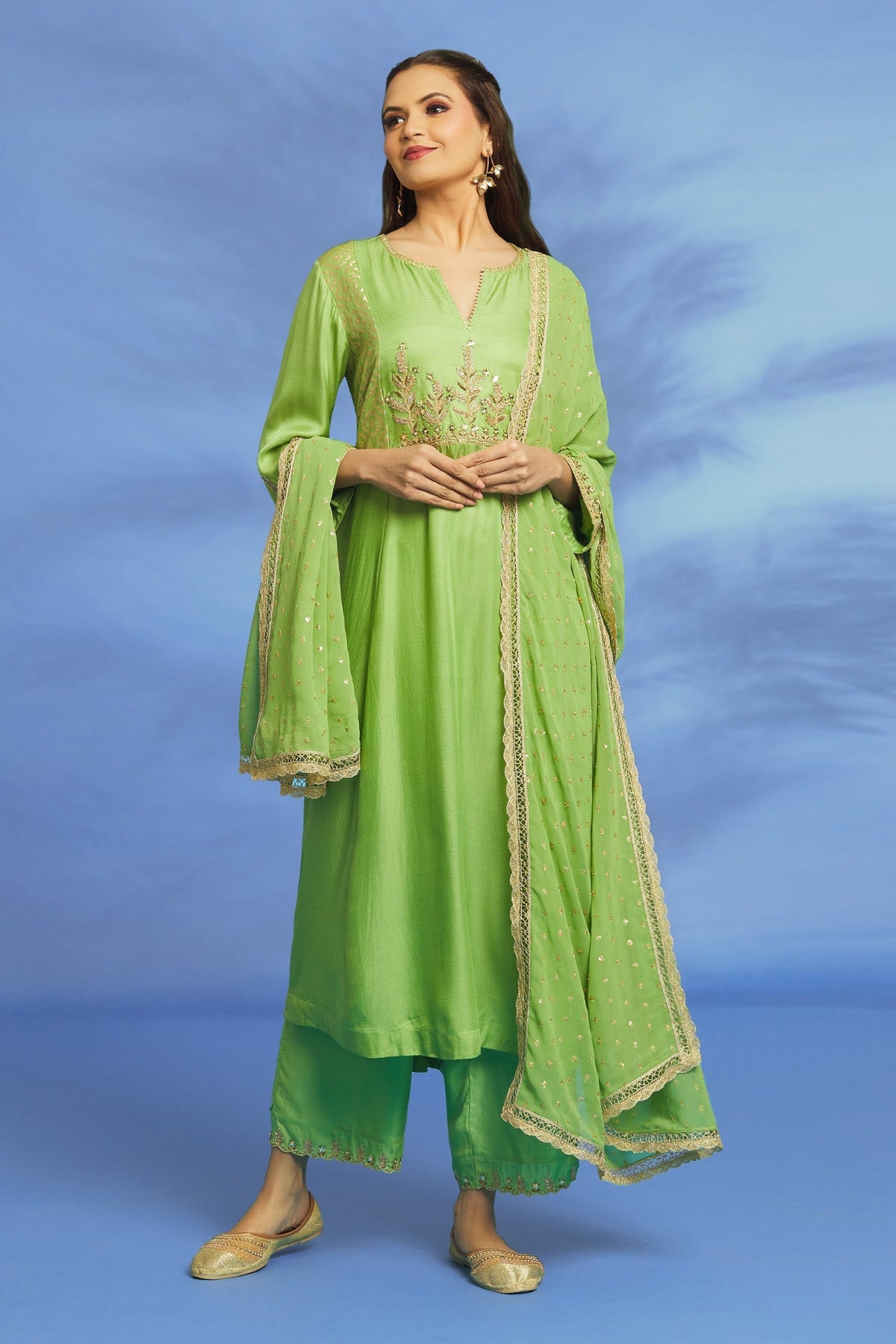 Green Twill Hand Block Printed Notched Embroidered Kurta Pant Set