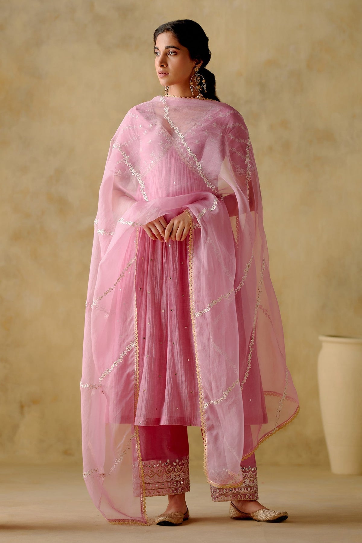 Pink Anarkali And Palazzo Chanderi Silk Lined With Mul Cotton Dabka Set