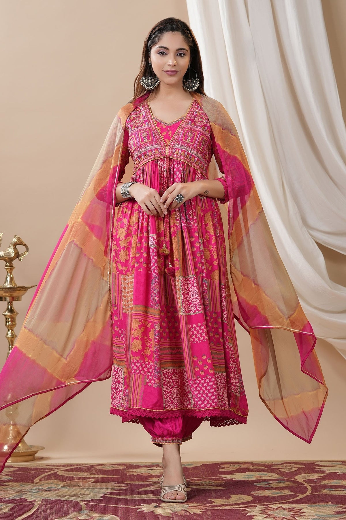 Pink Anarkali Muslin Printed Floral Flower Set With Tie Dye Dupatta