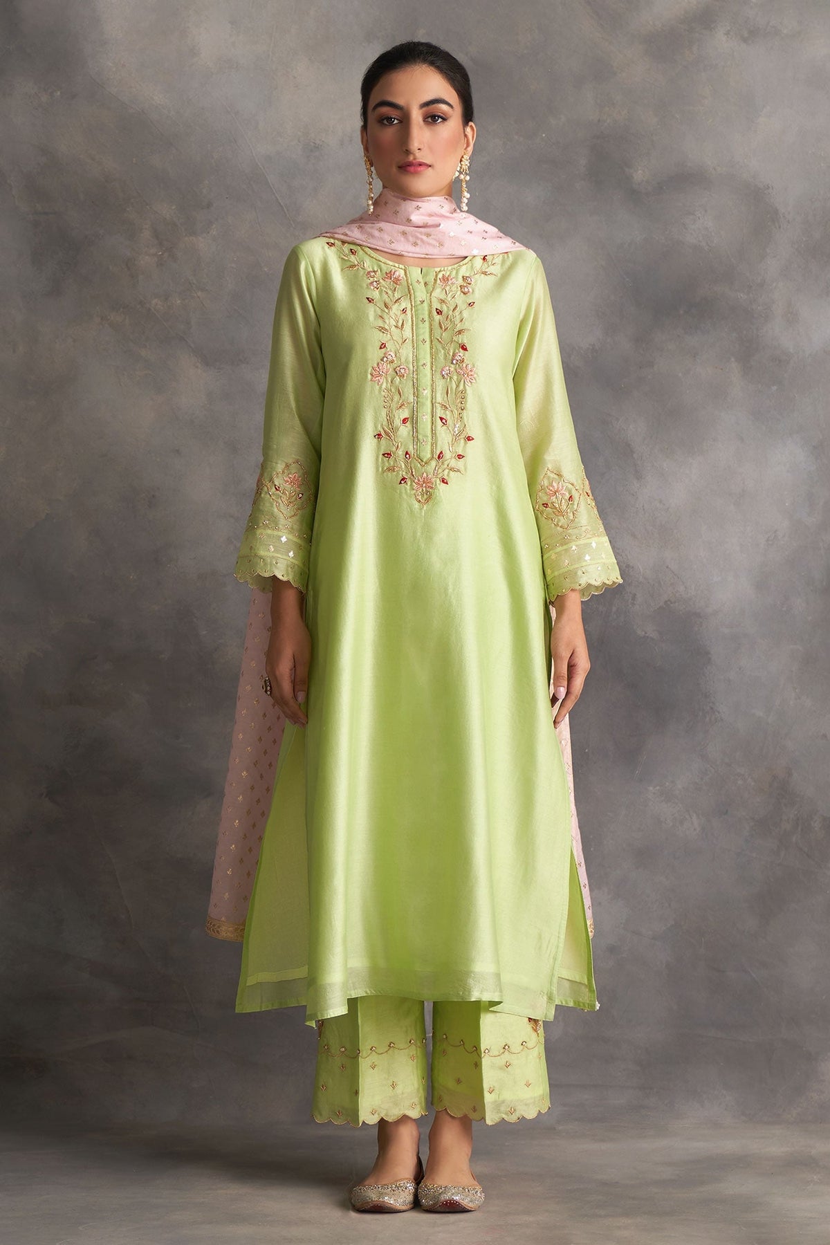 Green Silk Chanderi Embroidered Floral Round Kurta Pant Set