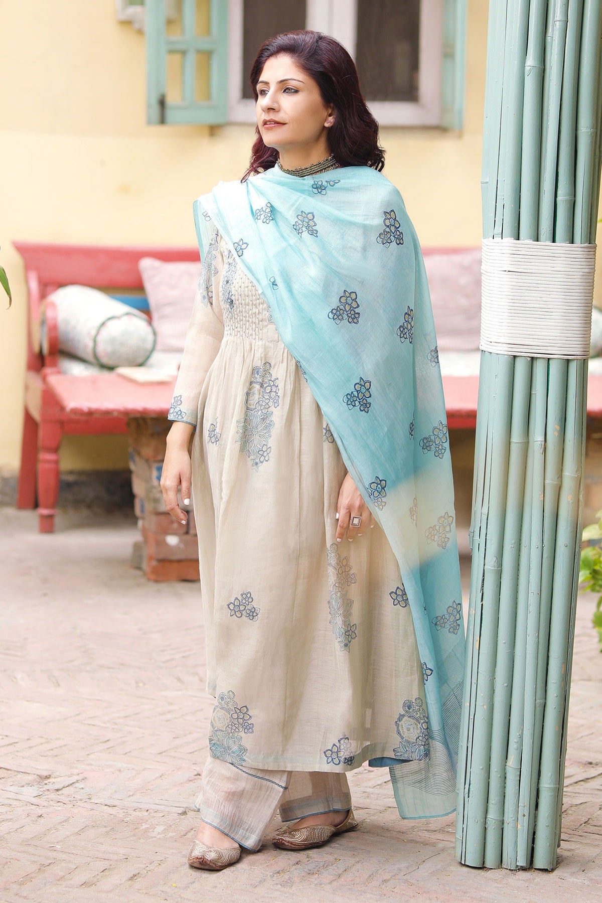 Grey Mul Chanderi Printed And Embroidered Floral Block Kurta Set