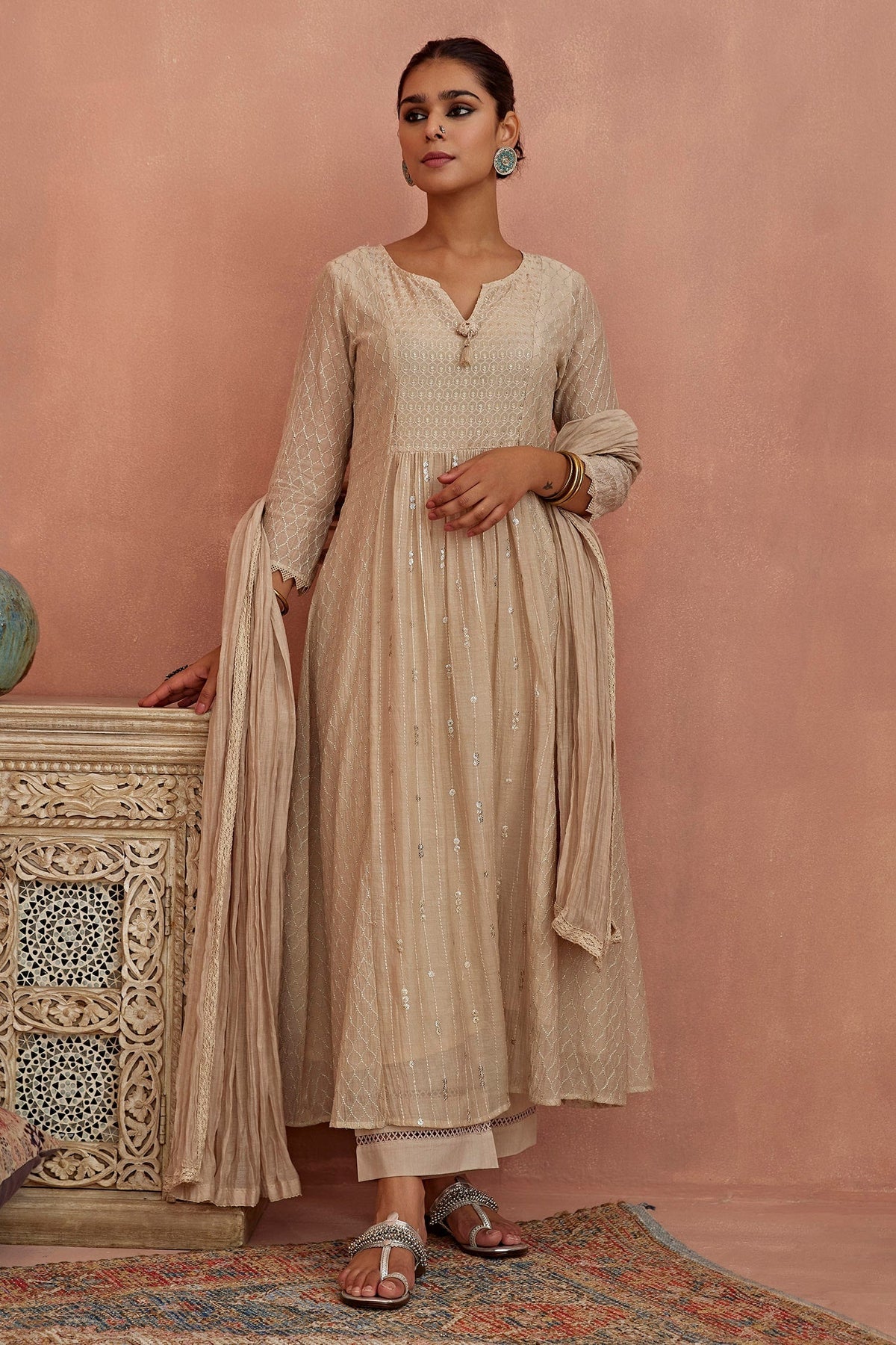 Ivory Chanderi Embroidered Thread Notched A-line Anarkali Pant Set