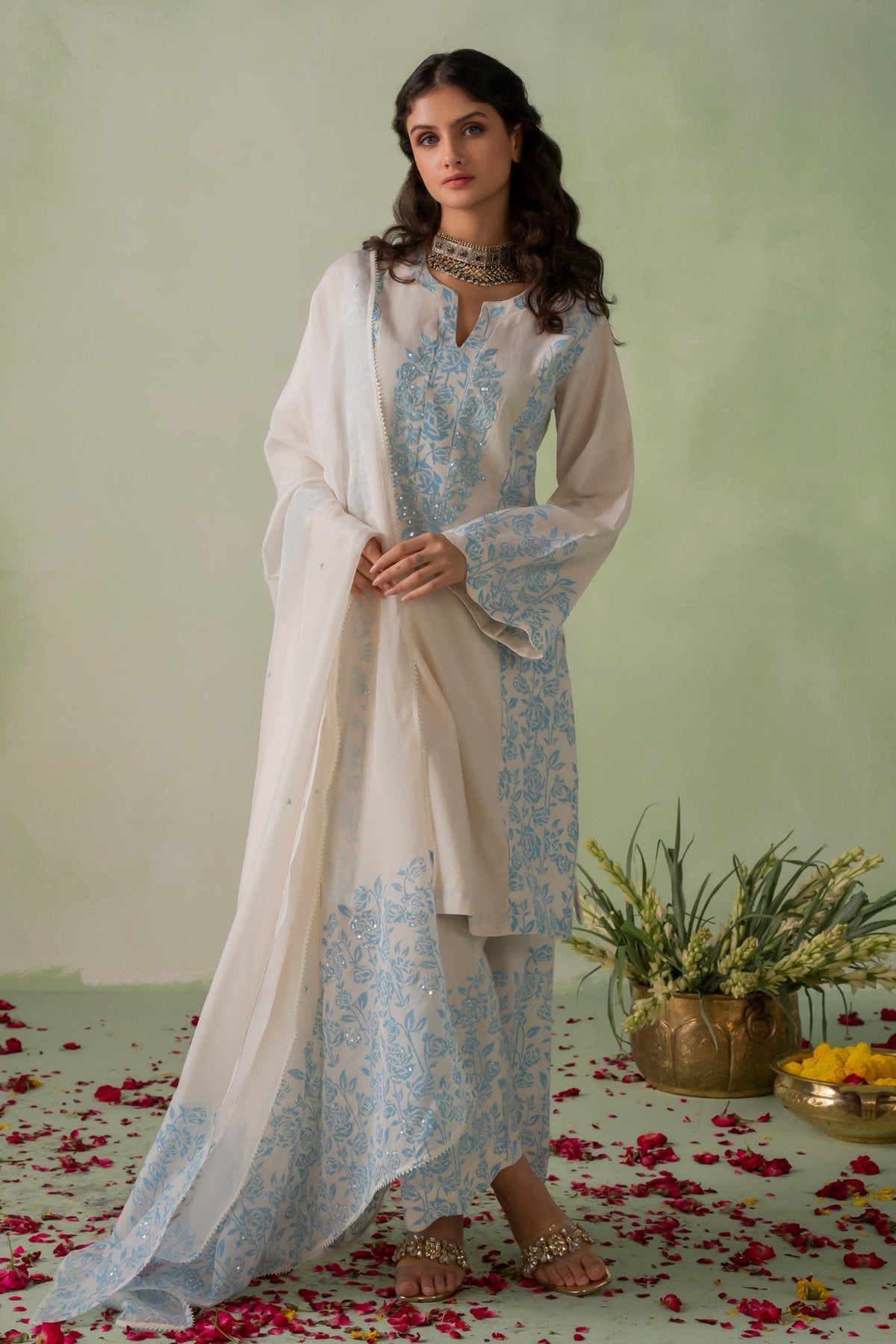 Ivory Cambric Cotton Block Printed And Embellished Kurta Palazzo Set