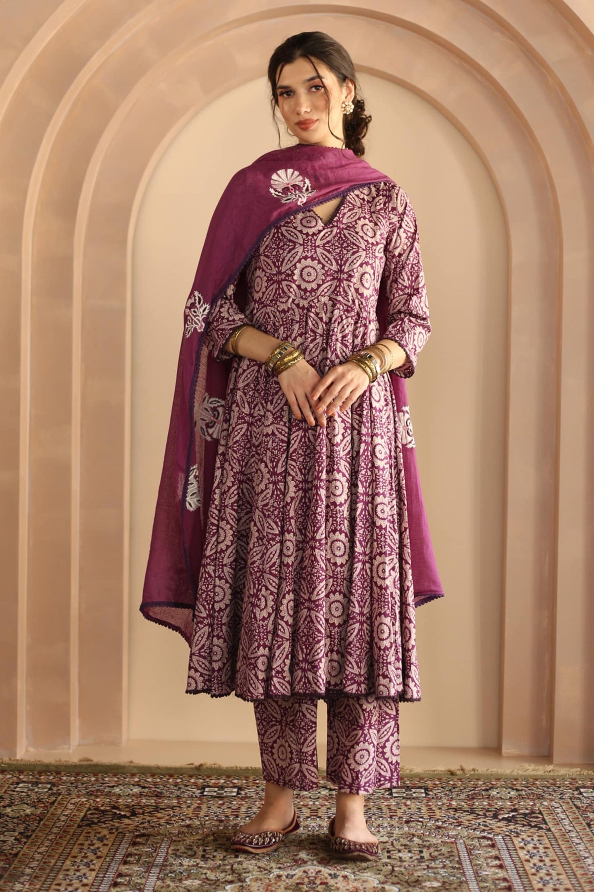 Purple Cotton Block Printed Floral V Neck Shaila Anarkali Set