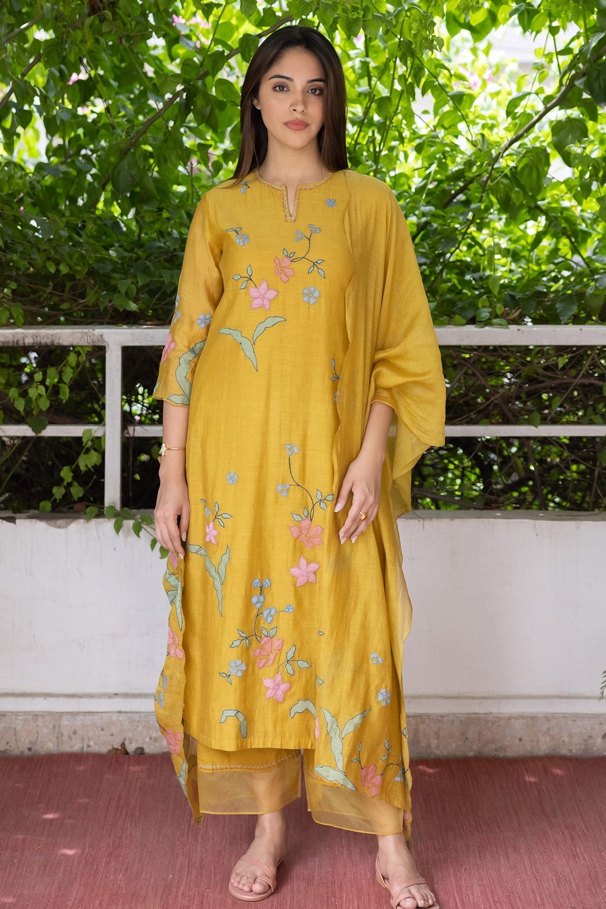 Yellow Muslin Cotton Embroidery Gardenia Bloom Applique Kurta Pant Set