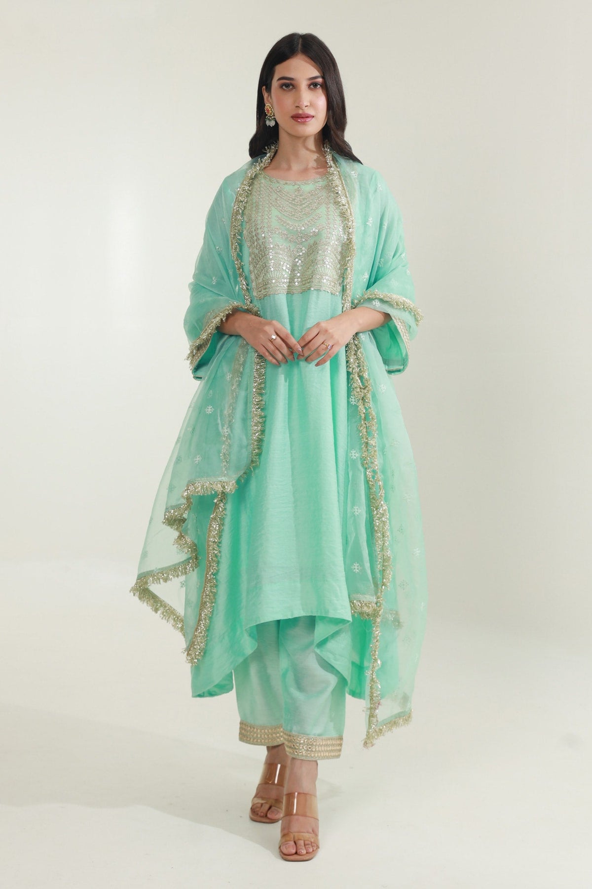 Blue Kurta And Pant Chanderi Embroidery Zari Lace Round Yoke Set