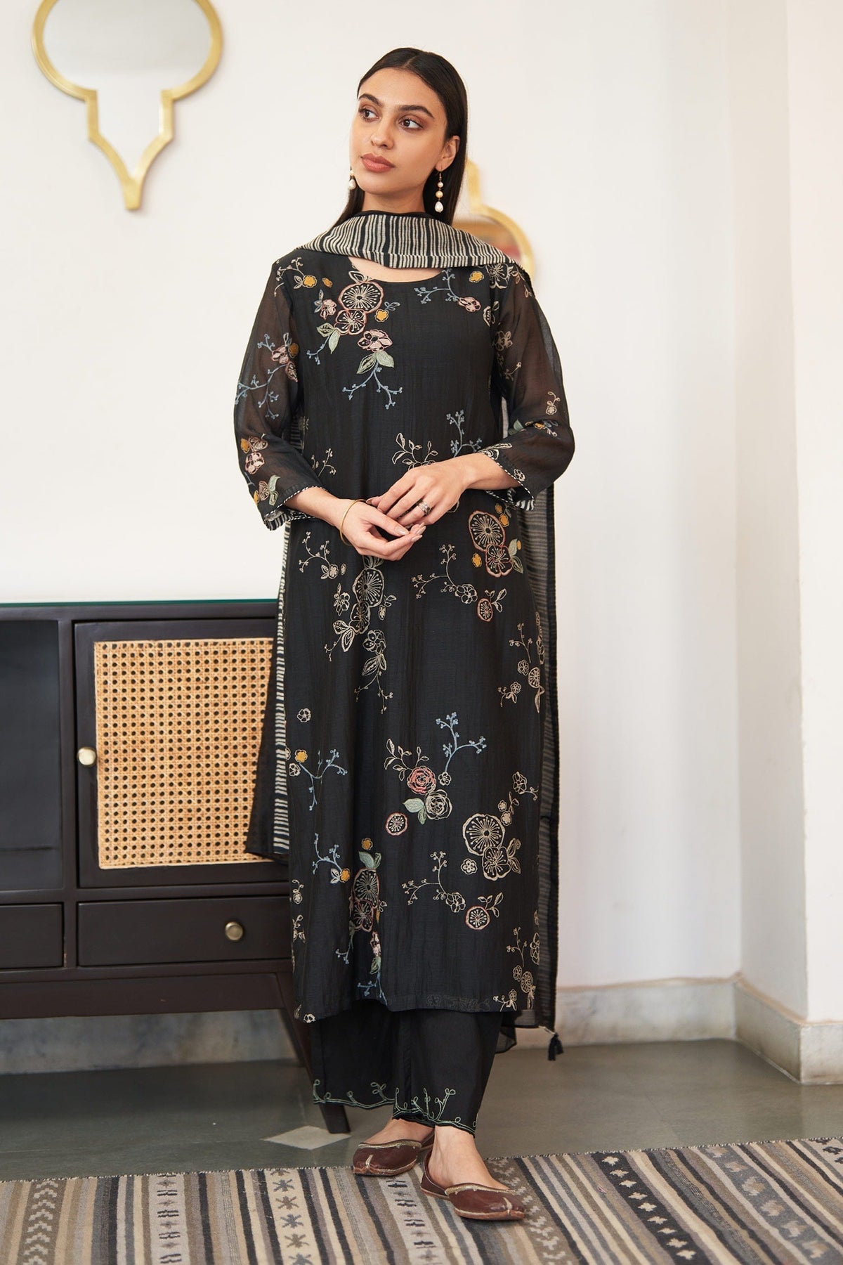 Black Muslin Cotton Embellished Floral Thread Embroidered Kurta Set