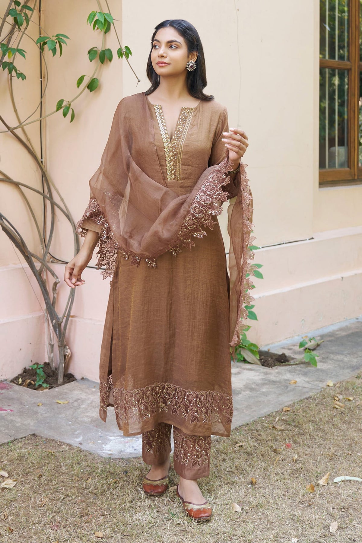 Brown Kurta Chanderi Tissue Embroidery Sequin Notched Placket Set