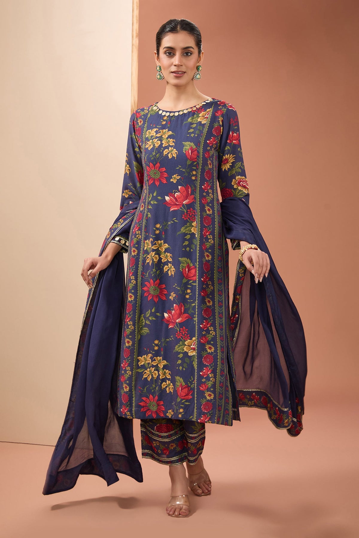 Blue Viscose Cotton Silk Digital Print Floral Straight Kurta Pant Set