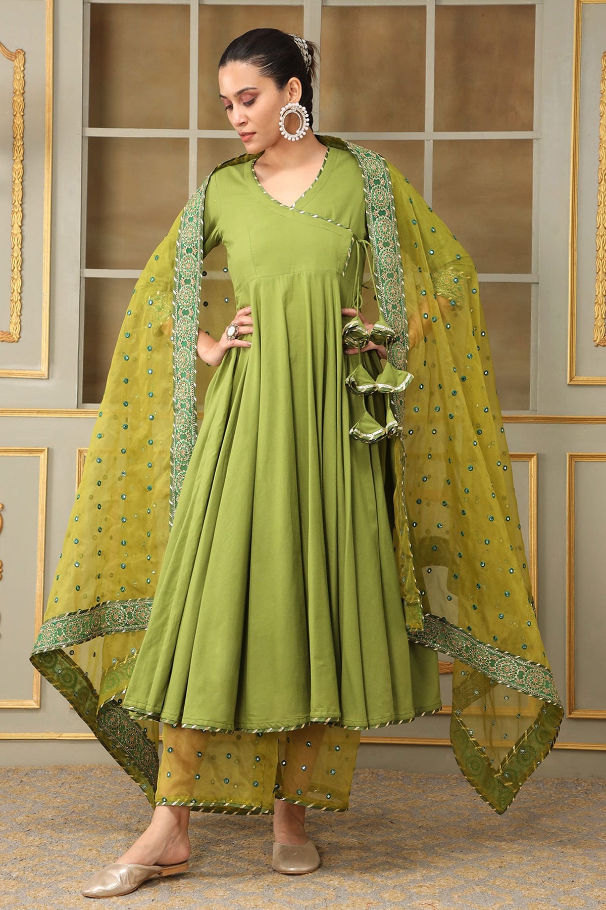 Green Angrakha And Dupatta Organza Saadgi Gota Work Anarkali Set