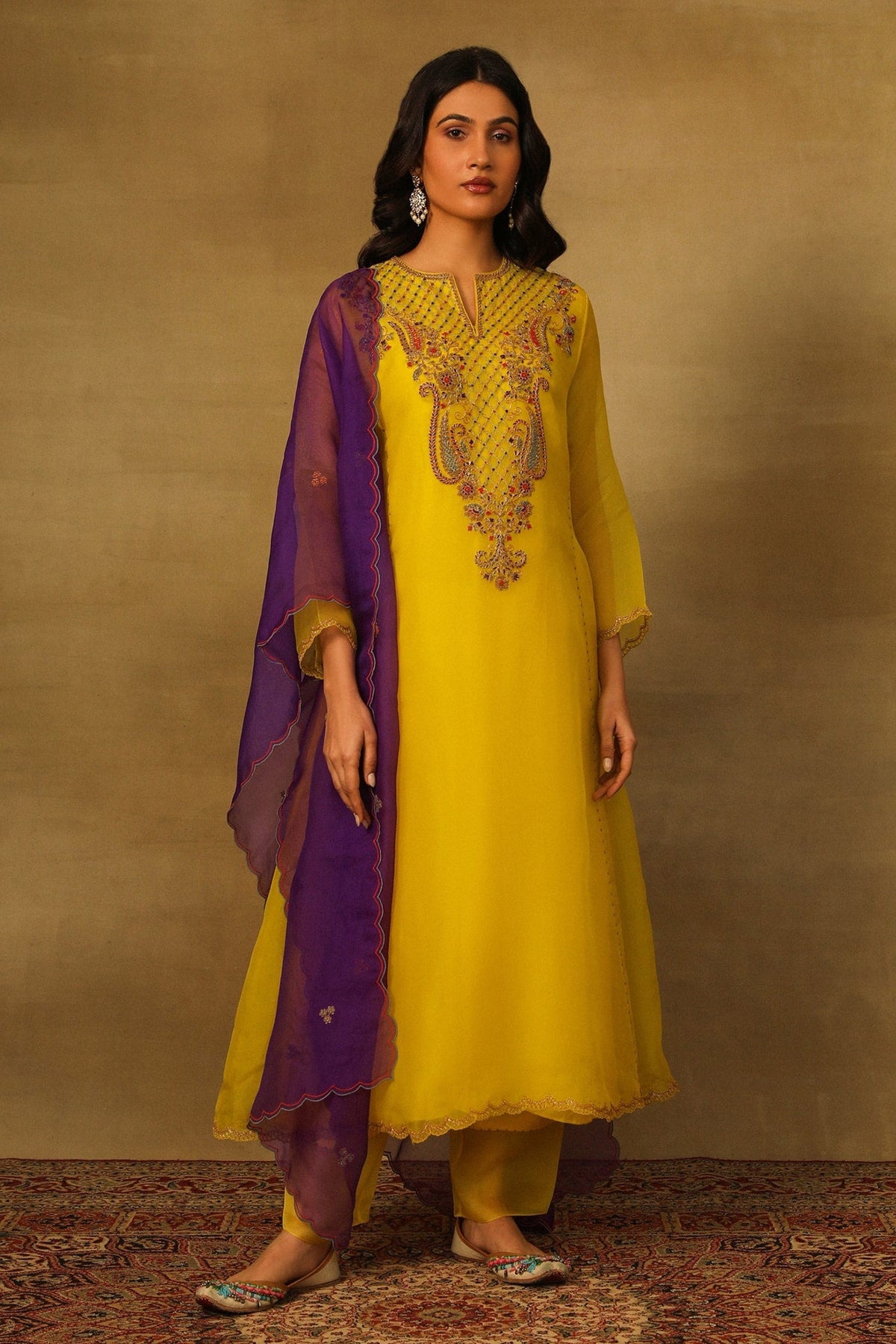 Yellow Kurta And Dupatta Organza Embroidery Paisley Notched Neck Pant Set