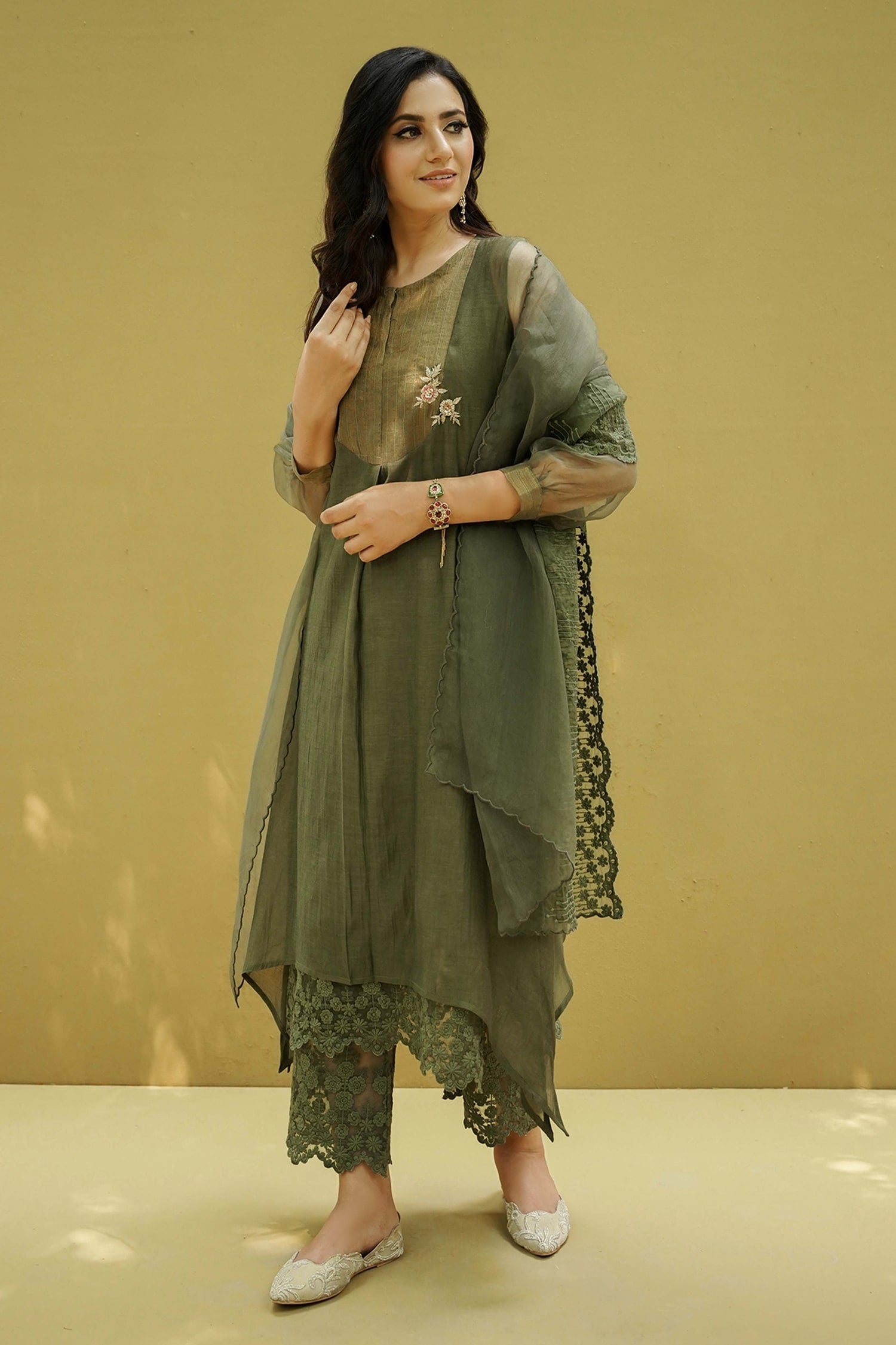 Green Cotton Schiffli Flower Lace Work Kurta Set