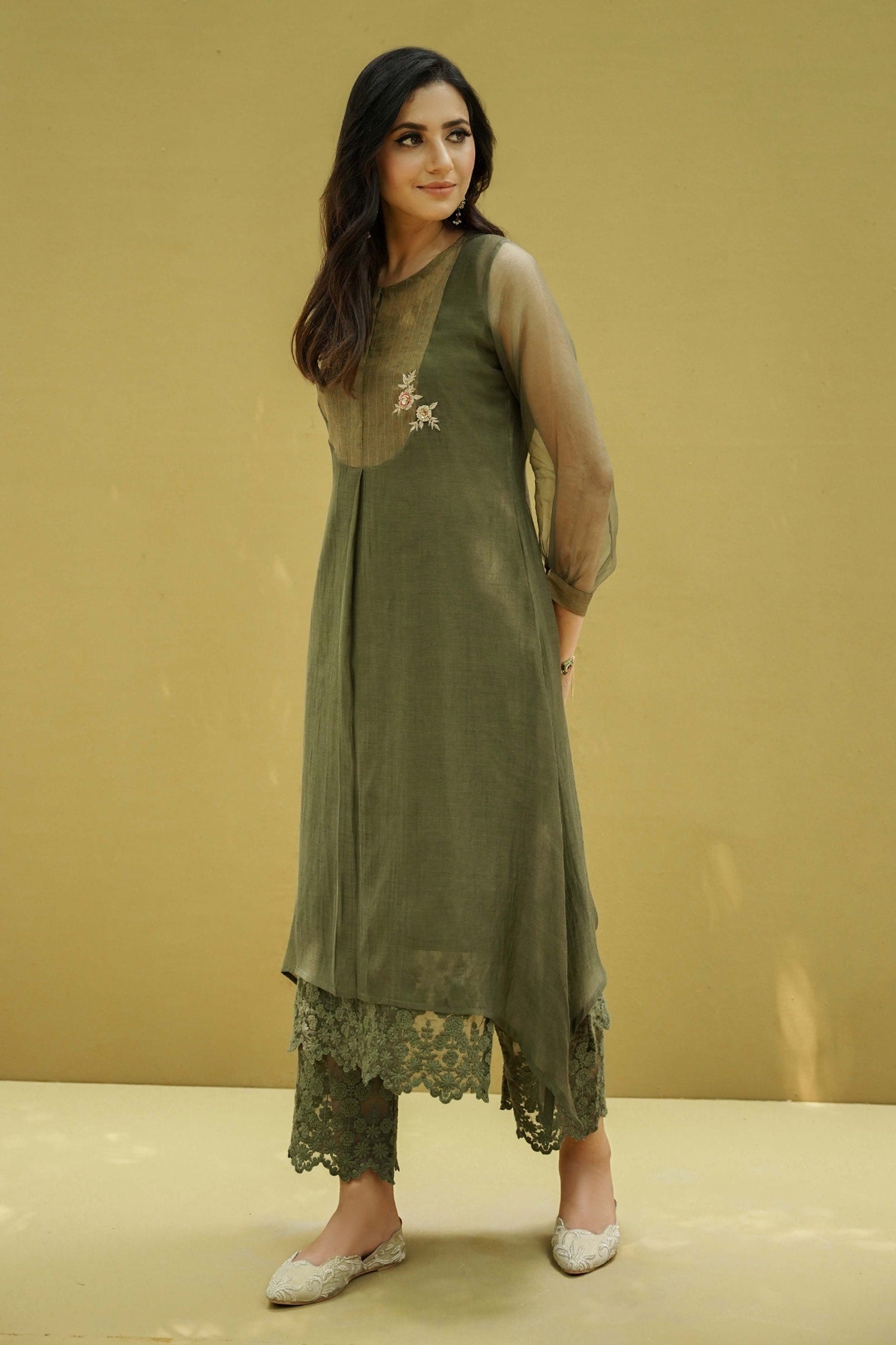 Green Cotton Schiffli Flower Lace Work Kurta Set