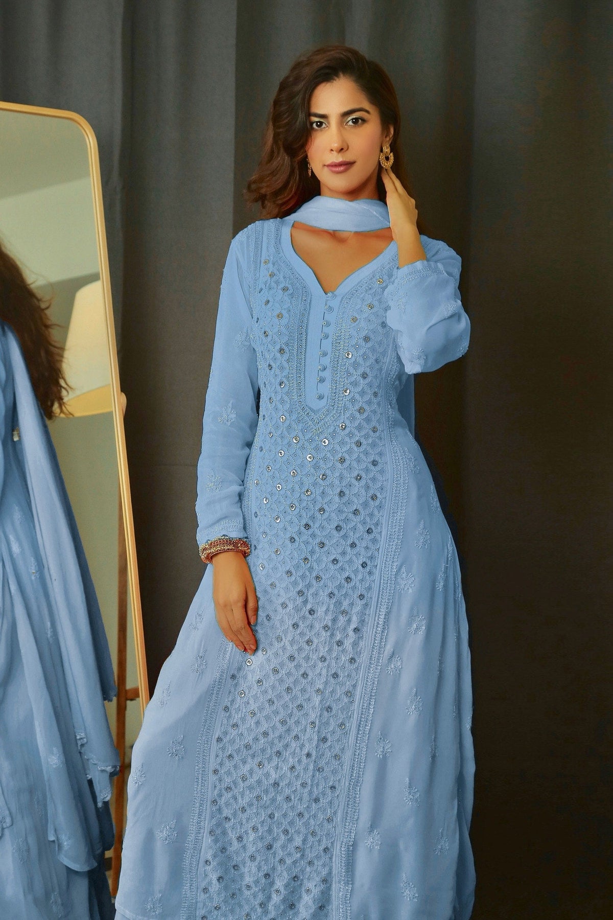 Blue Georgette Chikankari Kurta Palazzo Set