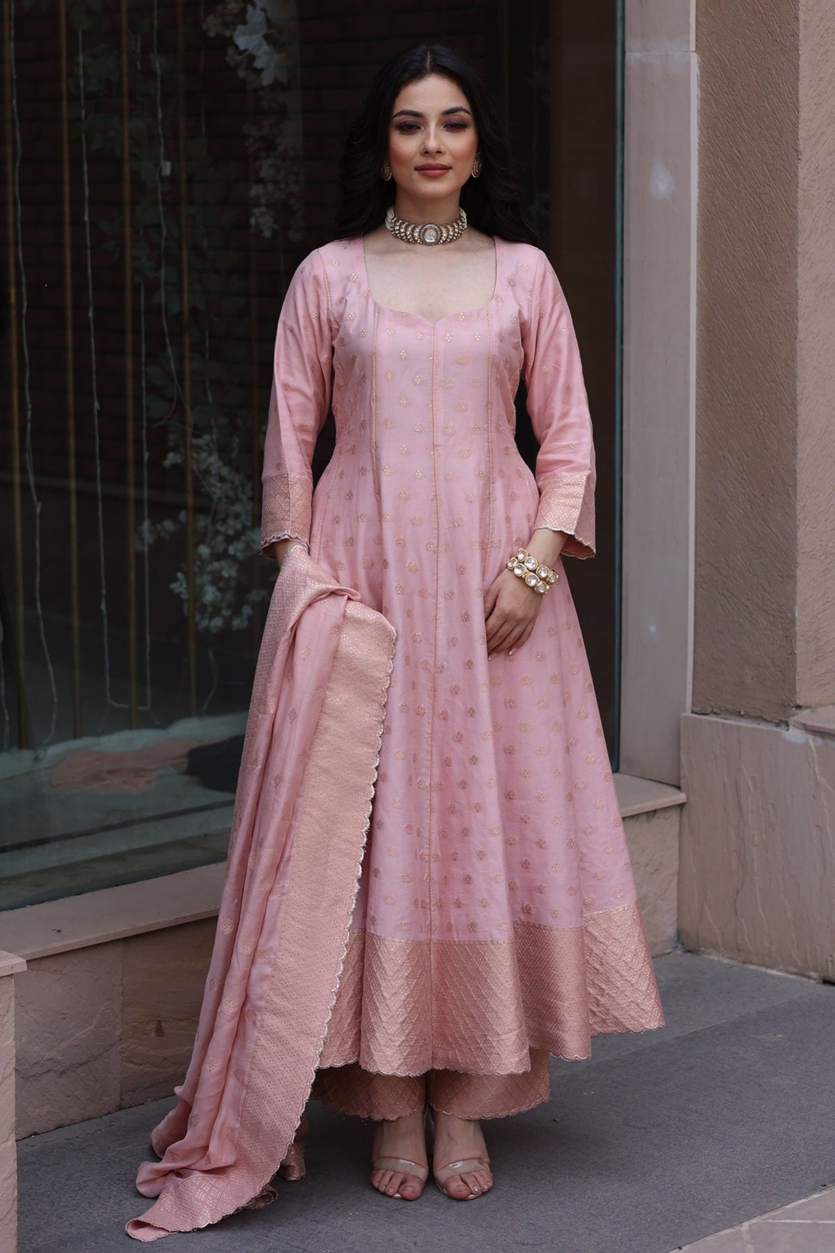 Pink Vegan Silk Woven Criss Cross Leaf Neck Meira Anarkali Palazzo Set